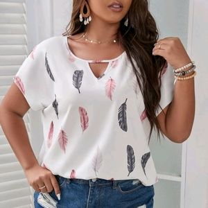 Plus Feather Print Keyhole Neck Dolman Sleeve Blouse